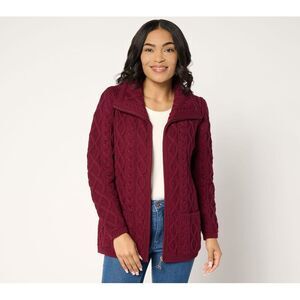 Aran Crafts Women's Top Sweater Sz S Merino Wool Zip-Front Pockets Red A679660